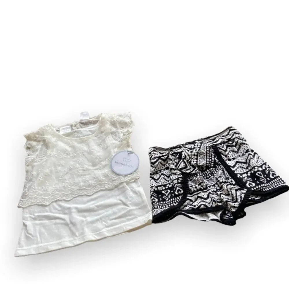 Koala Kids Girls Outfit‎ Size 2T Sahara Black Cream Lace Funky Print Top Shorts